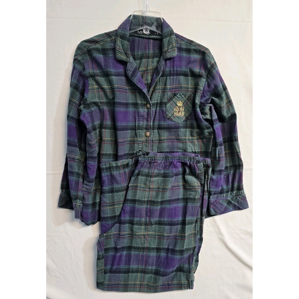 Ralph Lauren Pajama Set Women's XL Green Plaid Flannel 2pc Sleepwear